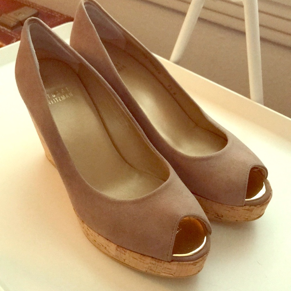 Stuart Weitzman Suede Peeptoe Cork Wedge